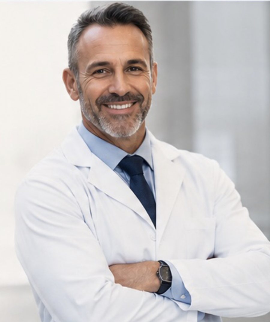 A physician in a white coat, smiling with arms crossed